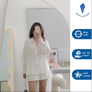 Set áo sơmi trắng tay dài bo chun kèm quần