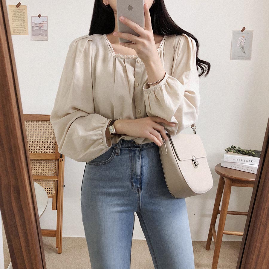 Áo Nữ Cổ Tròn Màu Trơn Phối Ren 38513