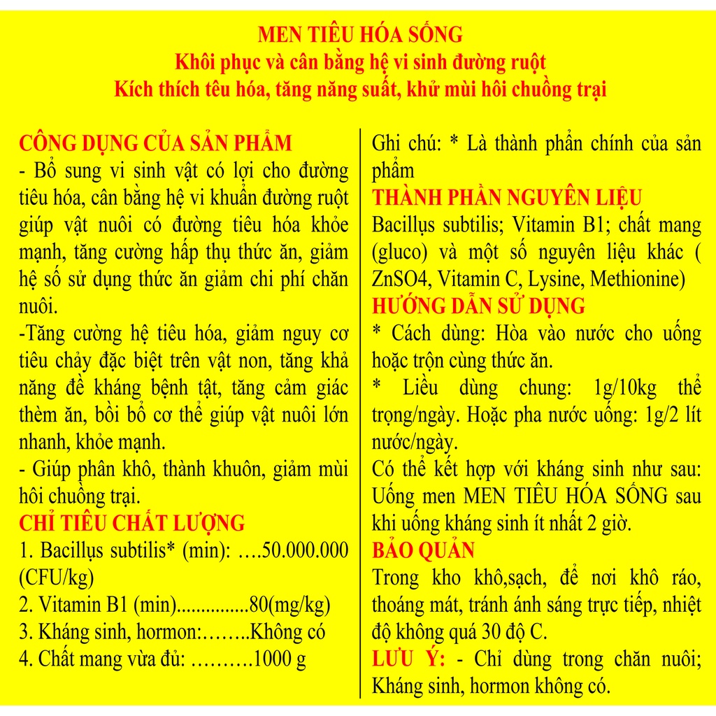 1 gói MEN TIÊU HÓA SỐNG 200g Cân bằng hệ vi sinh đường ruột, kích thích têu hóa, tăng năng suất, khử mùi hôi chuồng trại