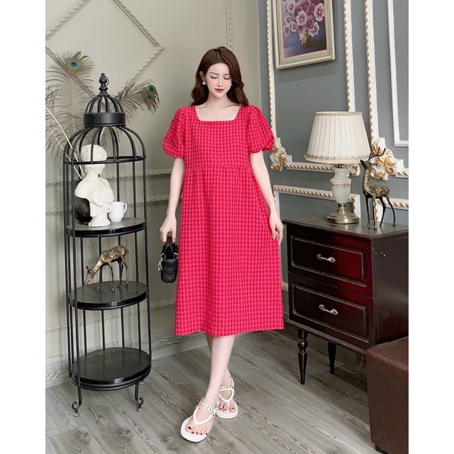 Đầm bầu kẻ ô dáng babydoll tay phồng siêu xinh chất đũi mềm