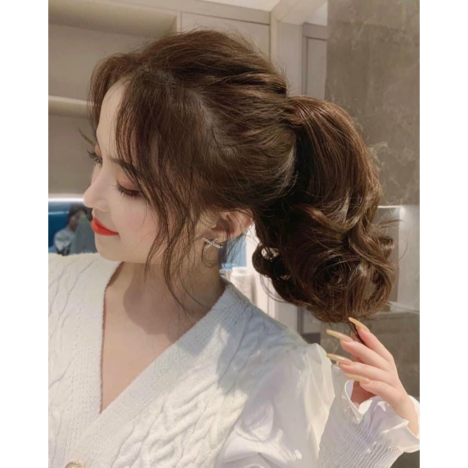 Tóc giả ngoặm kẹp đuôi tóc baby. Tóc giả ngoặm xoăn ngắn 32cm. Mã MO36