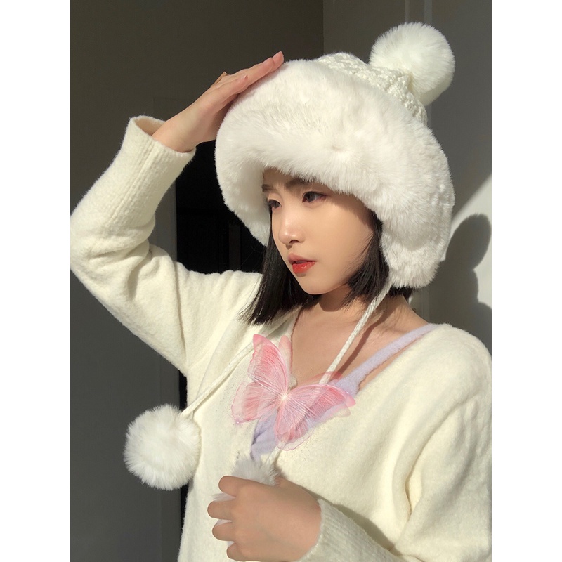 Mũ Len Dày Dặn Giữ Ấm Tai Đính Quả Bông Dễ Thương Thời Trang Thu Đông Nhật Bản