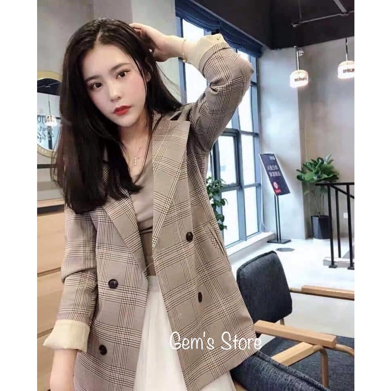 ÁO BLAZER NỮ 2 LỚP KẺ CARO MÀU NÂU THỜI TRANG PHONG CÁCH HÀN QUỐC MỚI NHẤT2022