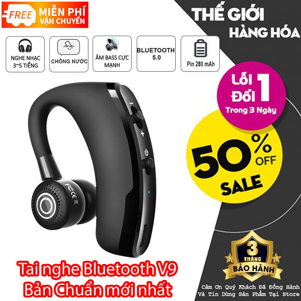 Tai Nghe Bluetooth V9 Móc Tai Tích Hợp Micro Chất Lượng Cao ( Hàng FULLBOX - Bảo Hành 1 Năm )