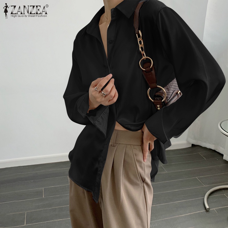 Áo kiểu satin ZANZEA tay dài cổ áo lật xuống có nút gài phía trước cho nữ