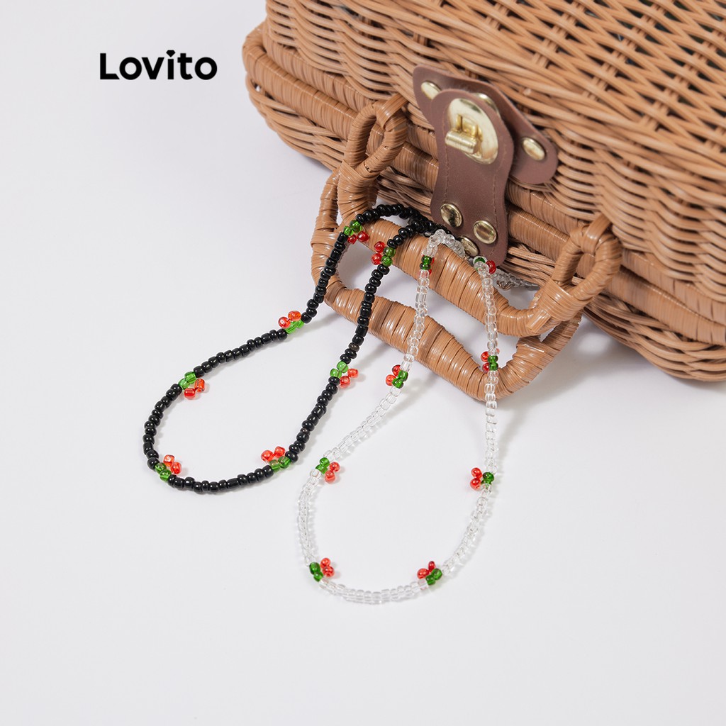 Dây chuyền Lovito hạt bằng nhựa nhiều màu hình trái cherry phong cách boho L233L233 (màu đen/ trắng)