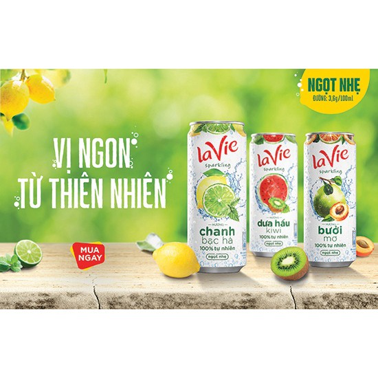 1 Lon nước có ga Lavie Sparkling vị trái cây Chanh bạc hà/Chanh muối/Bưởi mơ/Dưa hấu kiwi/Dâu việt quất/Đào cam 330ml