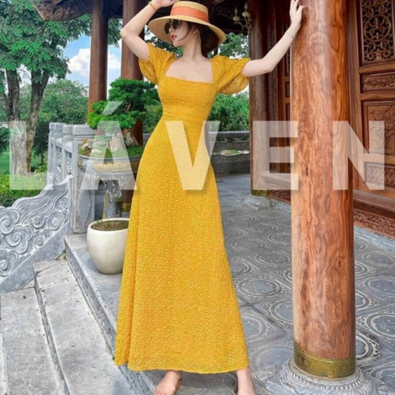 Đầm maxi đi biển dây rút lưng dáng dài chất xốp chỉ siêu xịn