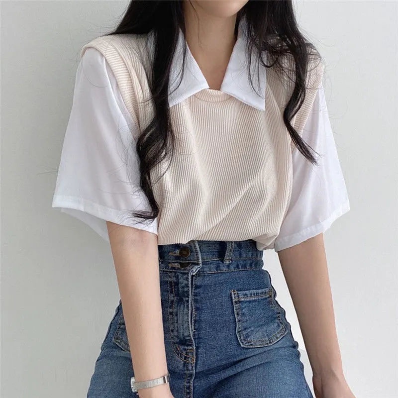 Áo Thun Tay Ngắn Cổ POLO Giả Hai Lớp Dáng Rộng Thời Trang Dành Cho Nữ