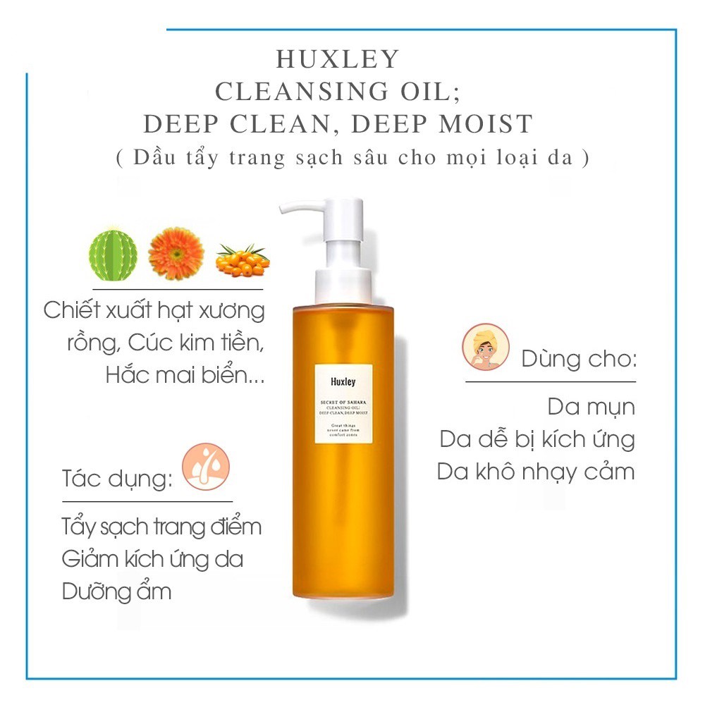 Combo Se Khít Lỗ Chân Lông, Làm Sạch Da Chiết Xuất Xương Rồng Huxley (dầu tẩy trang Cleansing Oil 200ml + Toner 120ml)