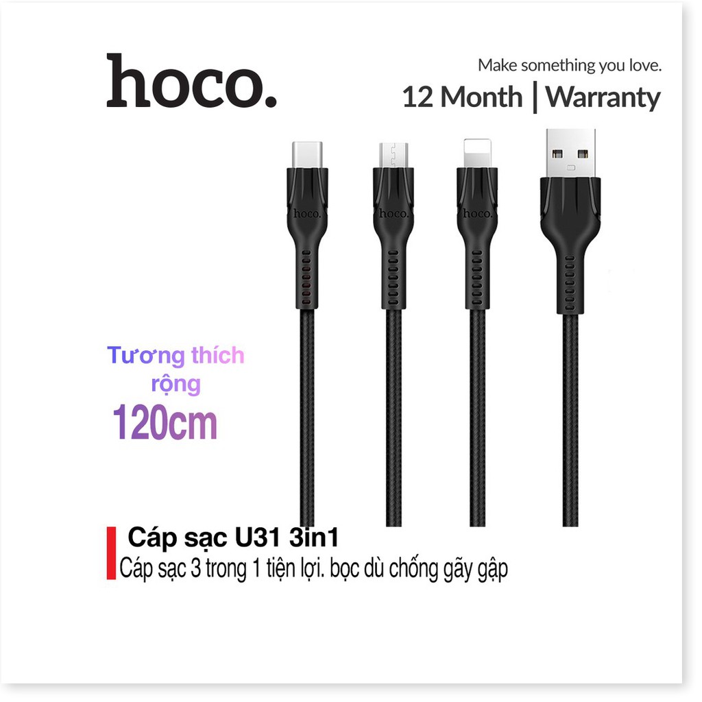 Cáp sạc Hoco U31 3 in 1 (Lightning+Micro+Type-C) tương thích tất cả các các dòng điện thoại dài 1.2m - MrPhukien