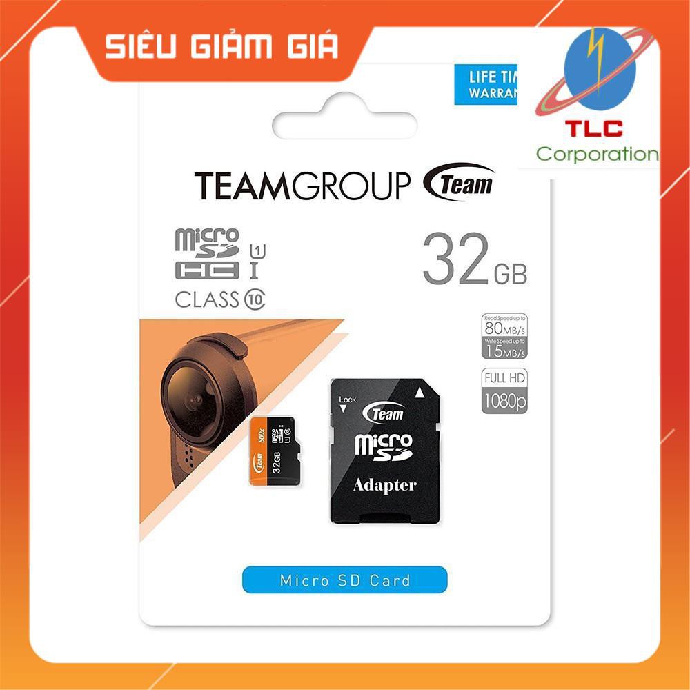 Thẻ nhớ microSDHC Team 32GB 500x upto 80MB/s class 10 U1 kèm Adapter (Cam) - Hãng phân phối chính thức