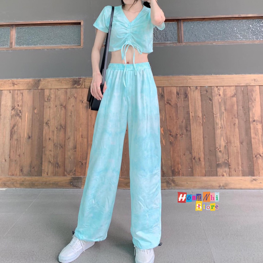 Set Bộ Áo Croptop Rút Dây Hoạ Tiết 3D Kèm Quần Long Pant Dài Dây Rút Cực Xinh - MM