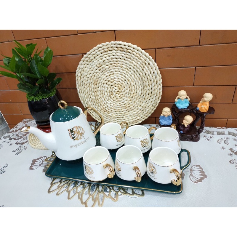 BỘ ẤM TRÀ MEN LAM NGỌC CHỈ VÀNG KIM