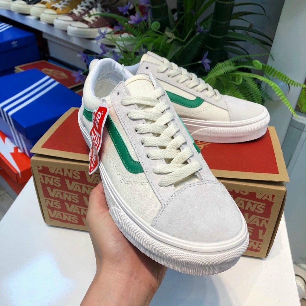 Giày sneaker nam nữ vns old skool trắng viền xanh Lá Da Lộn bản rep1  giày thể thao97 [Tặng Kèm Hộp ],