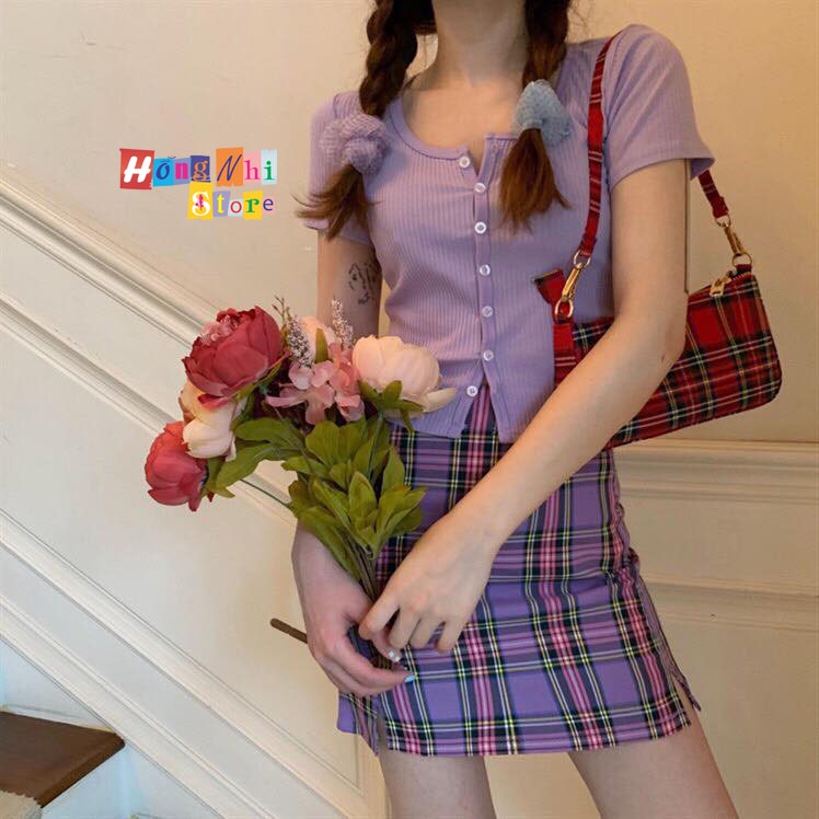 Chân Váy Caro Chữ A Xẻ Lai Có Quần Lót Trong Dáng Ôm Ulzzang Màu Tím Đậm - MM