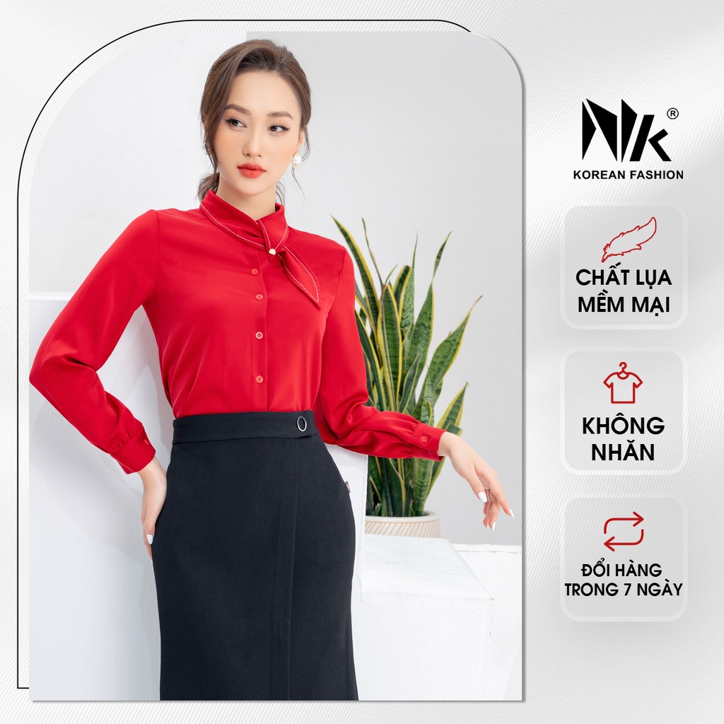 Áo Sơ Mi Nữ Dài Tay NK Fashion Cổ Đức Nơ Kiểu Cách Điệu, Chất Lụa Co Giãn Nhẹ NKSM2112002
