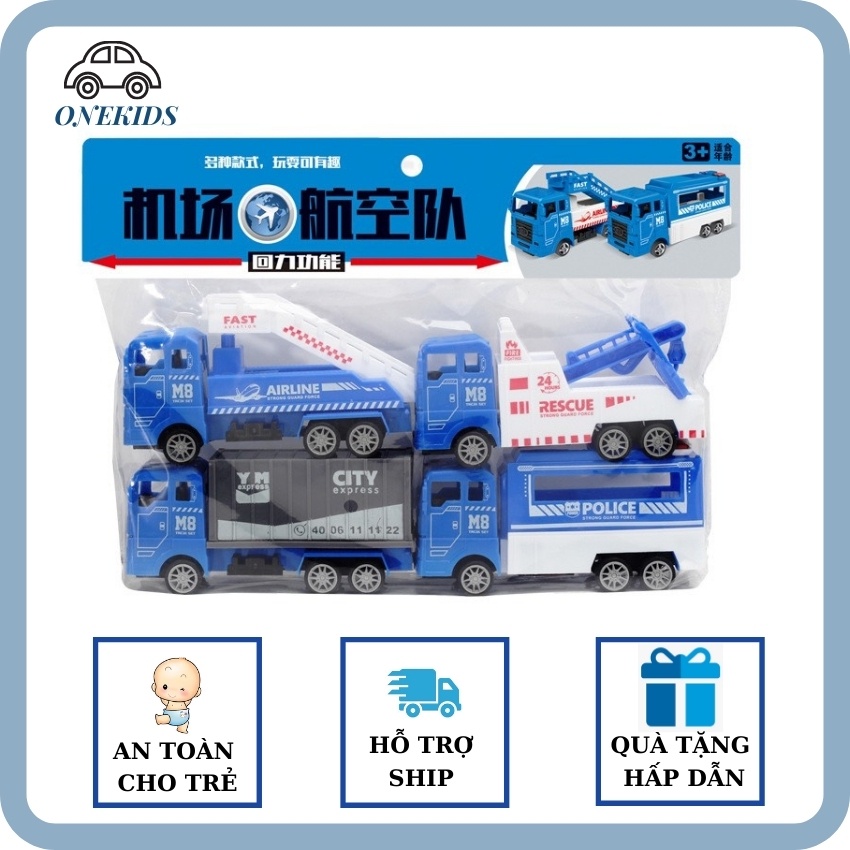 Set 4 ô tô màu xanh dương các phương tiện vận chuyển hàng không dành cho bé từ 1 tuổi
