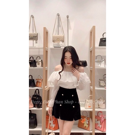 Áo trễ vai bồng bềnh vải tơ 2 lớp