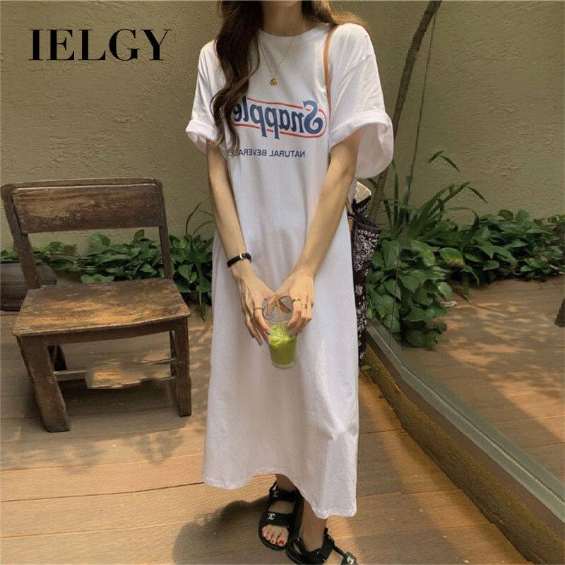 Đầm thun dài dáng rộng IELGY tay ngắn in họa tiết phong cách Hàn Quốc thời trang mùa hè cho nữ