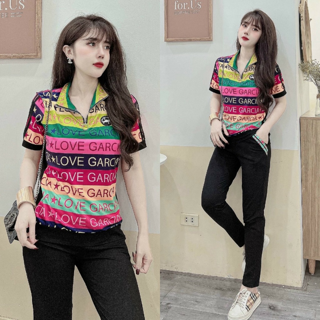Set Bộ Thun Thể Thao Áo Thun Lạnh In 3D Sắc Màu Chữ Love Khóa Kéo Phối Quần Thun Cotton Kẻ Sọc