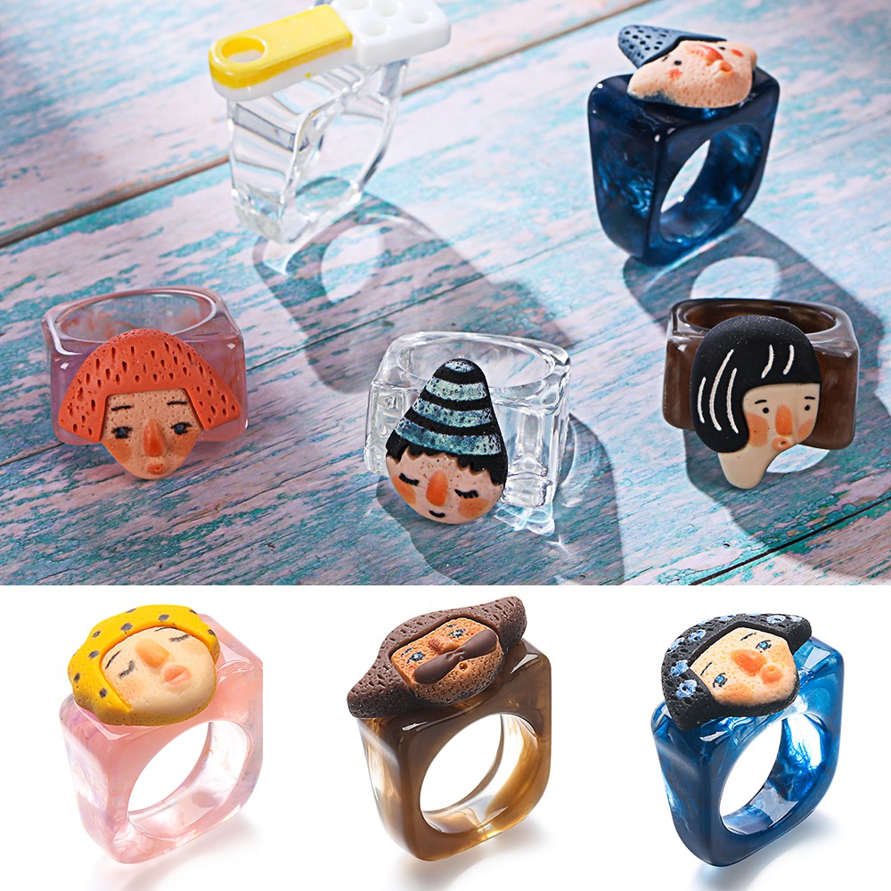 CLEVER Nhẫn nhựa acrylic trong suốt đầy màu sắc với các mẫu chân dung độc đáo