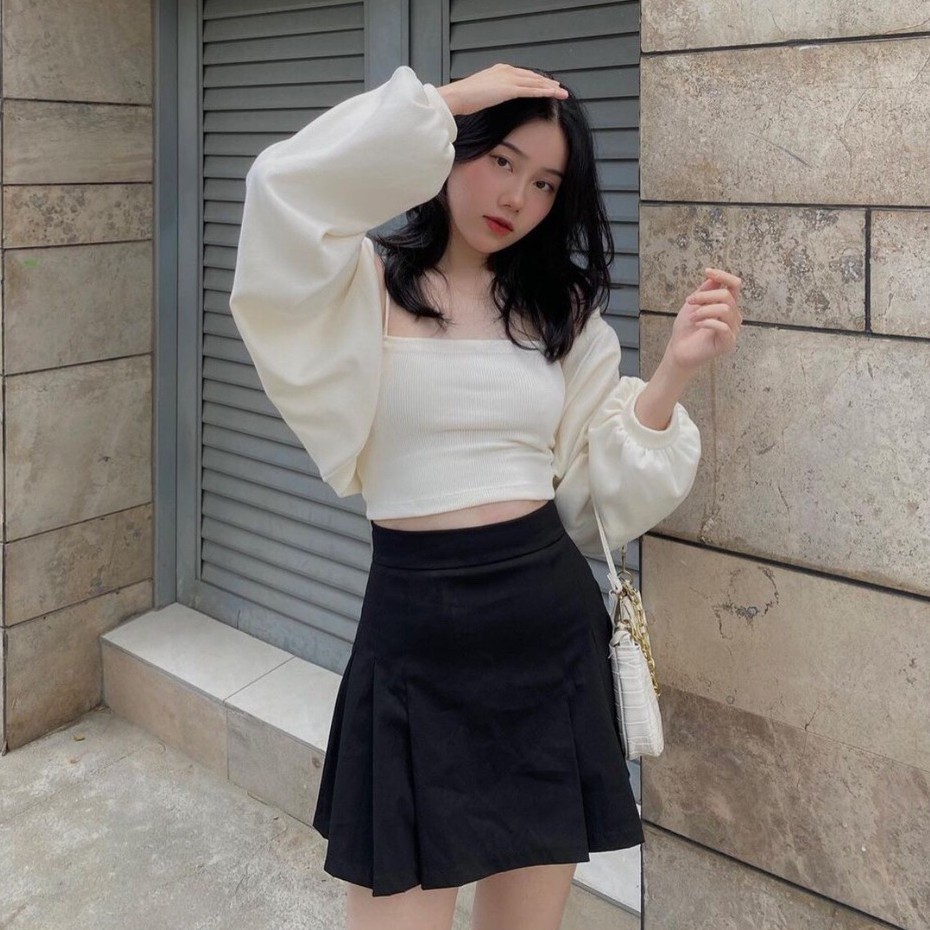 Set váy 3 món hot hit chân váy xếp ly + áo 2 dây + áo cardigan cực xinh | BigBuy360 - bigbuy360.vn