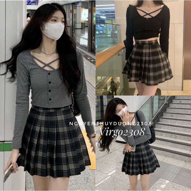 Set áo croptop cổ đan chéo mix chân váy dạ xếp li kẻ caro