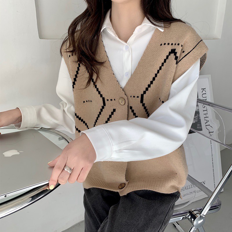 Đen Áo Khoác Len Cardigan Không Tay Đính Khuy Đơn Giản Trẻ Trung Cho Bạn Gái