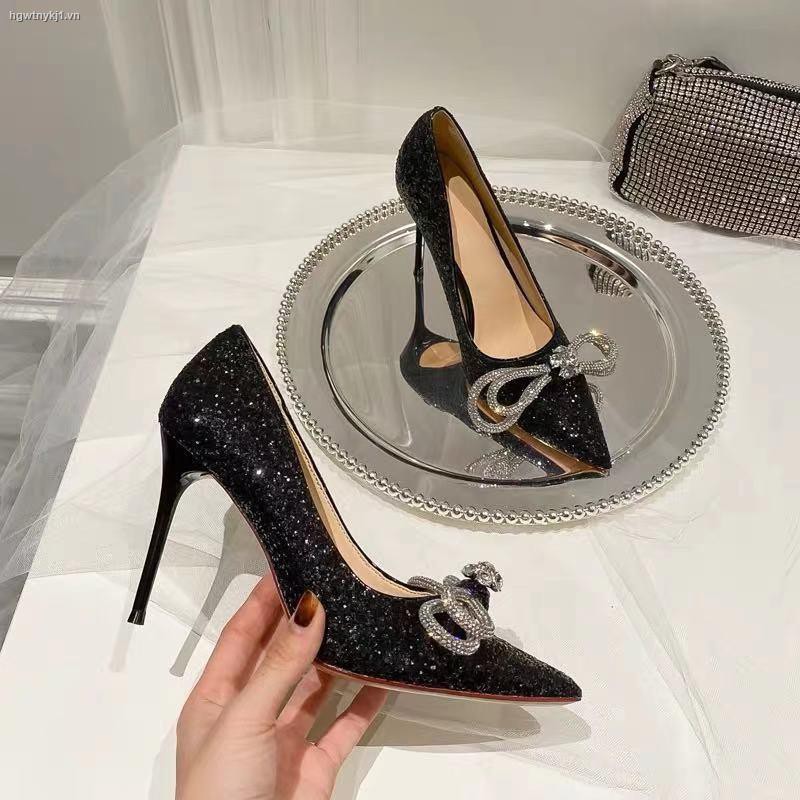 ✑❆✎Silver high heels female 2021 new spring and autumn stiletto bow, pointed toe rhinestone sequin crystal princess wedding shoes