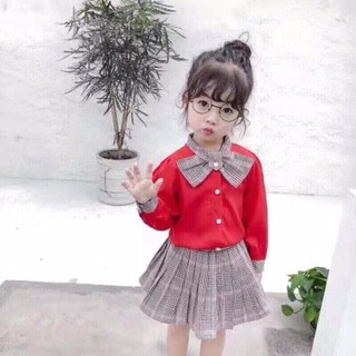 Set sơ mi thăt nơ chân váy kẻ tiểu thư cho bé gái