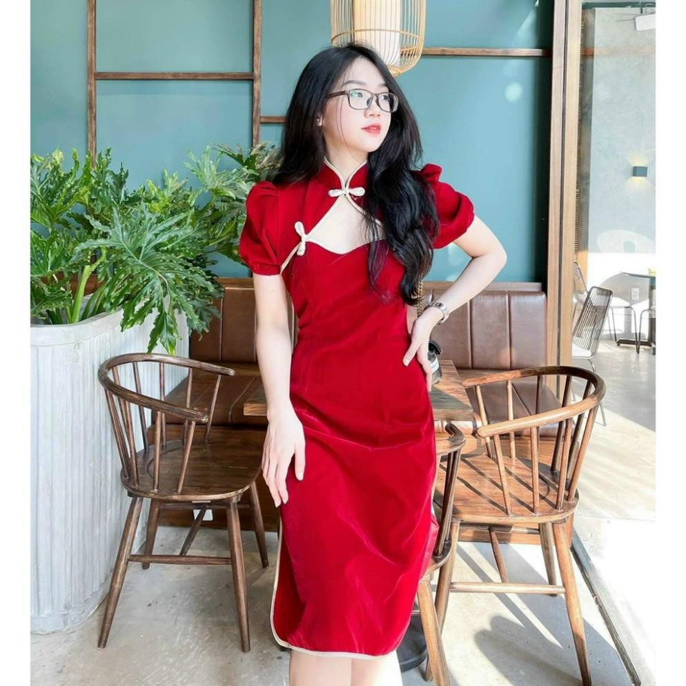 Đầm Đỏ Cổ Tàu, Sườn Xám Cách Tân Cut Out Viền Ngực Xẻ Đùi Phối Cúc Tàu Trang Trí Thời Trang Xuân Xinh Xắn. | BigBuy360 - bigbuy360.vn