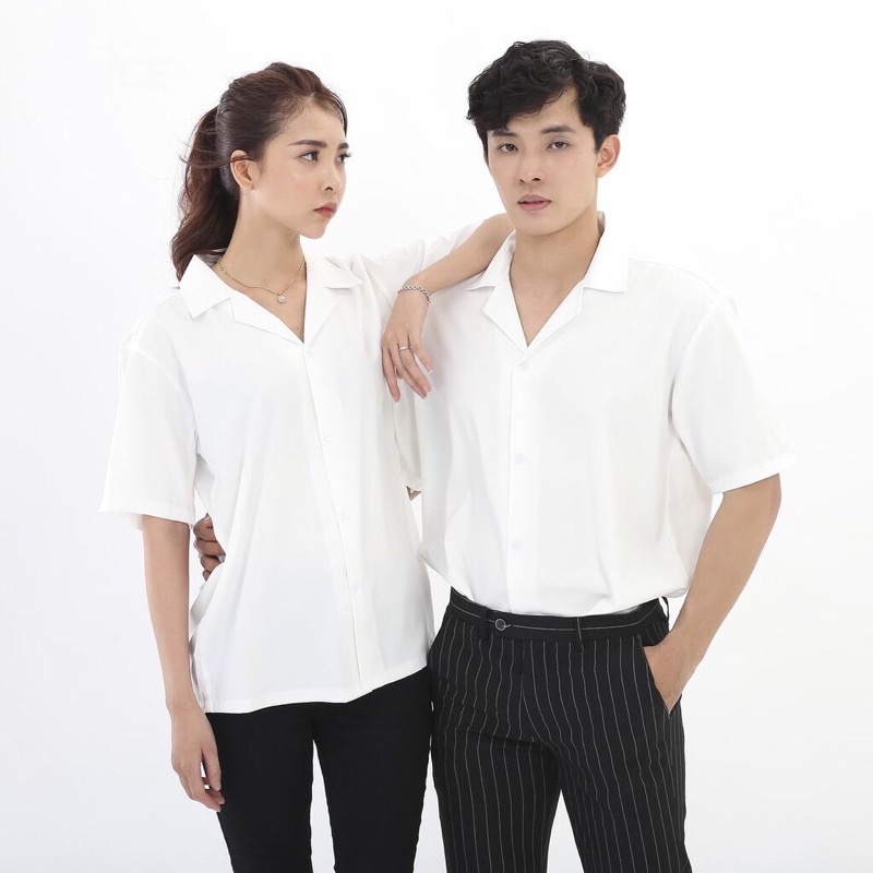 Áo sơ mi Trắng Đen Cổ Vest ngắn tay form rộng unisex nam nữ vải lụa