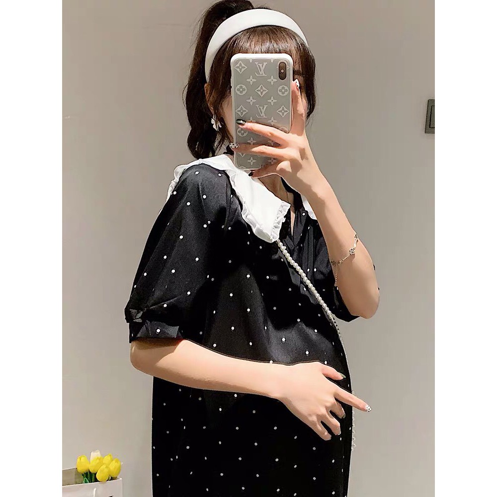 VÁY CHẤM BI ĐEN CỔ BÈO - ĐẦM SUÔNG CHẤM BI CỔ V ULZZANG