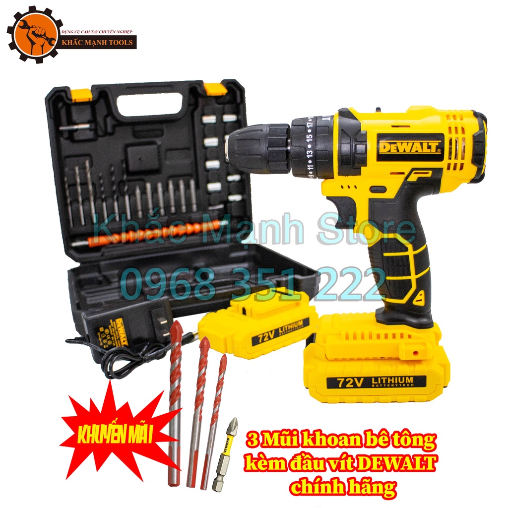 Máy Khoan Pin DeWaLT 36V - 72V 3 Chức Năng, 24 Chi Tiết, Tặng Bộ Mũi Khoan Bê Tông Kèm Mũi Vít Dewalt Chính Hãng.