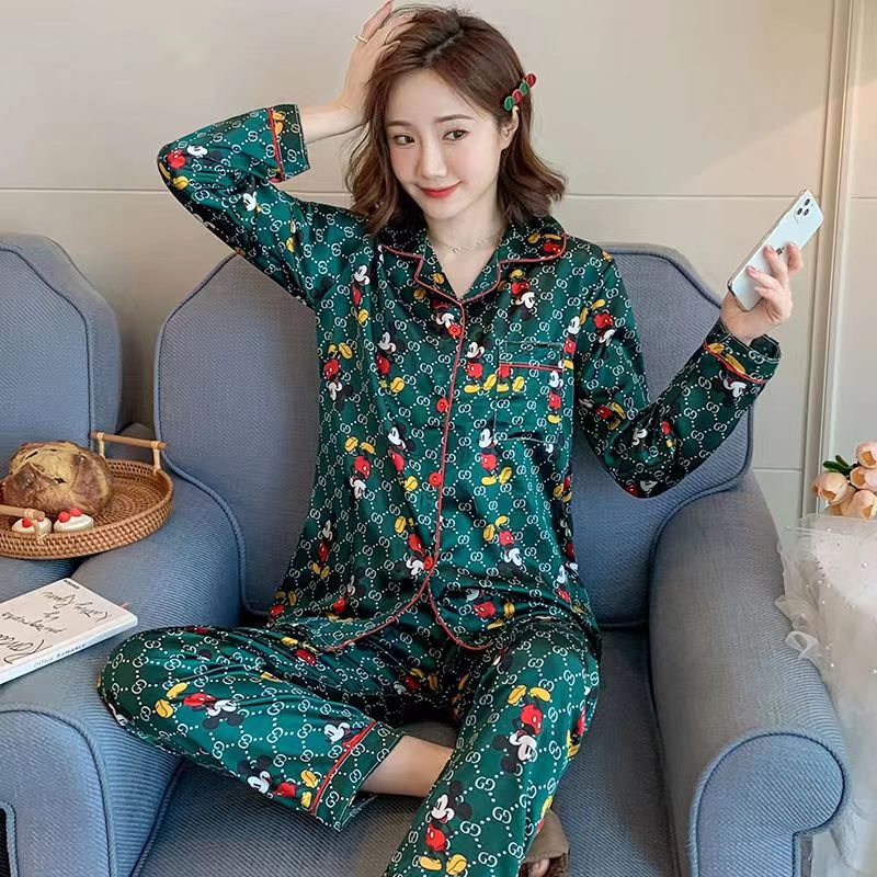 Bộ Đồ Ngủ Tay Dài Chất Lụa Satin In Họa Tiết Hoạt Hình Xinh Xắn Cho Nữ Size M-4XL