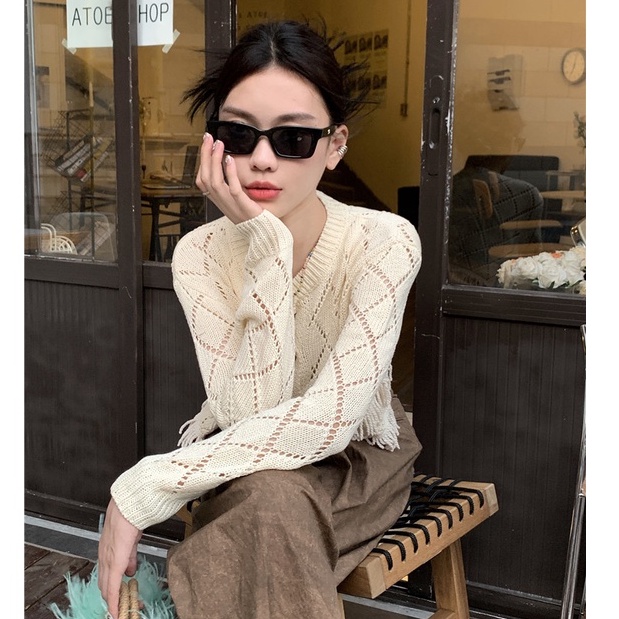 QKOOLE  Áo Khoác cardigan Dệt Kim Tay Dài Phong Cách Hàn Quốc croptop