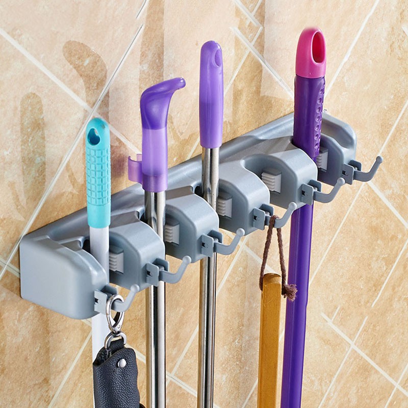 Giá móc treo đồ &amp; 3/4/5 khe giữ cây lau nhà gắn tường