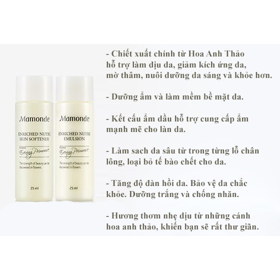 (Date 09/2021) TONER NƯỚC CÂN BẰNG Cấp Ẩm, Sáng Da, Mờ Thâm Mamonde Enriched Nutri Skin Softener 25ml