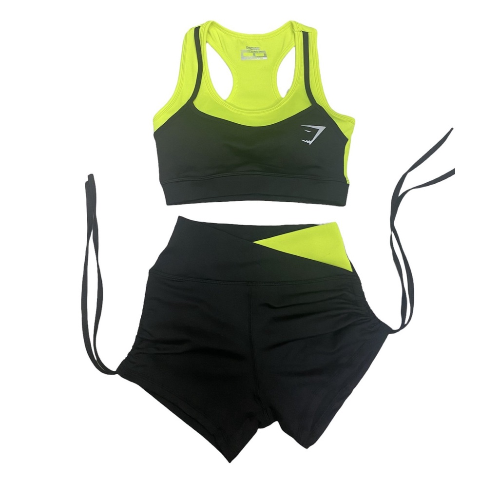 Đồ tập gym nữ bộ tập gym yoga erobic nữ áo bra quần sooc rút dây cạp chéo phối màu