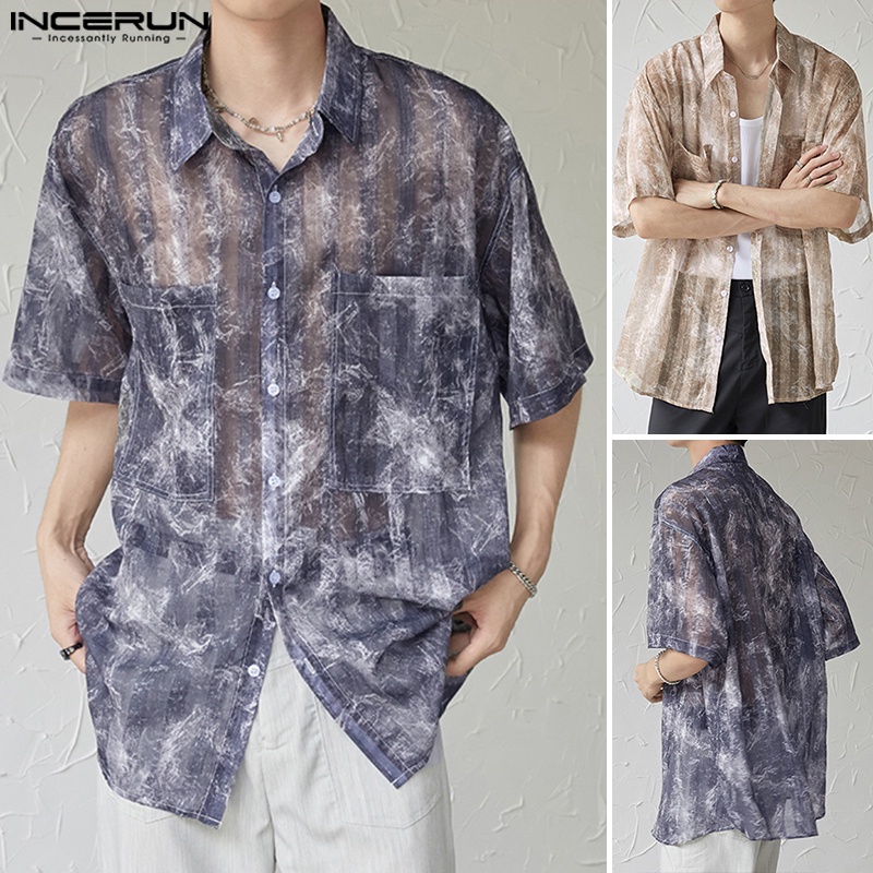 Áo sơ mi INCERUN tay lửng xuyên thấu họa tiết đá hoa cương đơn giản thời trang mùa hè dành cho nam