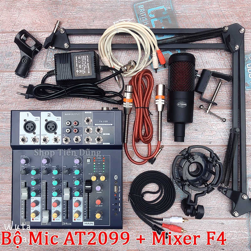 Combo mic thu âm AT2099 mixer f4 có bluetooth chân dây livestream chế zắc 6.5 dây truyền nhạc dây mic 3m