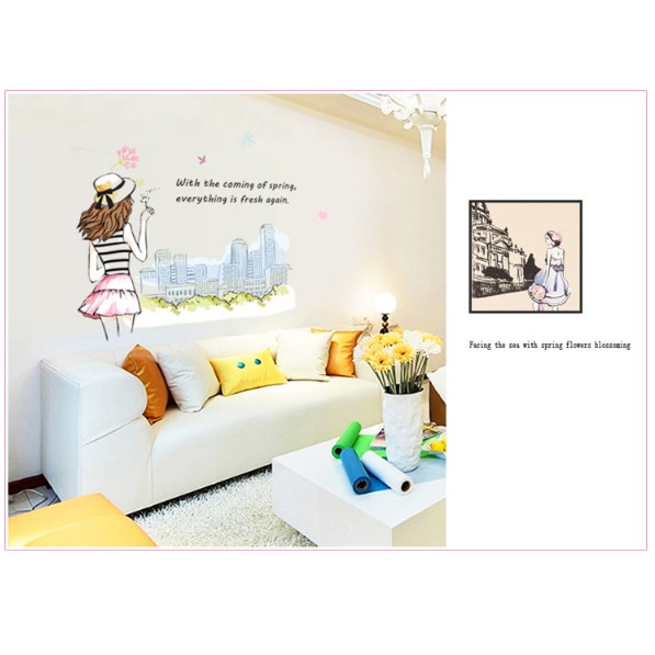 Decal trang trí tường - Cô Gái Hồn Nhiên cạnh Thành Phố Lớn