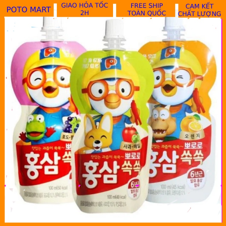 Nước hồng sâm trái cây Pororo túi 100ml Hàn Quốc đủ vị