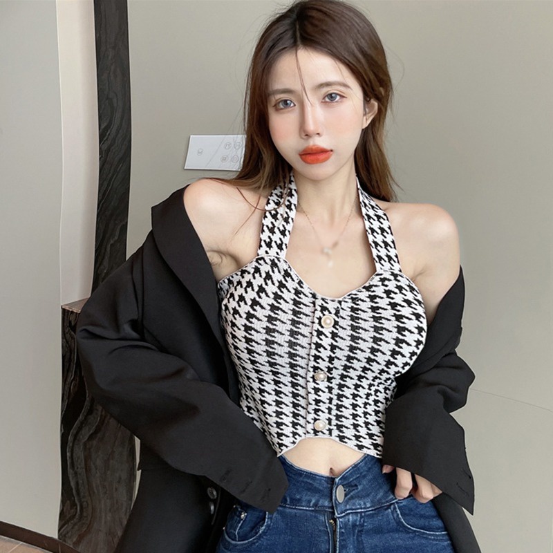 Áo Croptop Cổ Yếm Họa Tiết Kẻ Ô Khối Lượng Nhẹ Thời Trang Cho Nữ