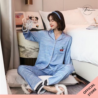 Bộ Mặc nhà Pyjama lụa dài Tea Store họa tiết Cherry xanh cao cấp