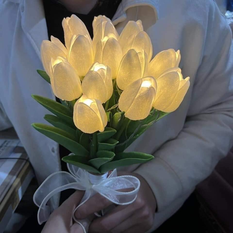 Bó 10 cành hoa tuylip đèn led -Hoa phát sáng, hoa lụa giả kèm nơ xinh Decor trang trí nhà cửa siêu xinh