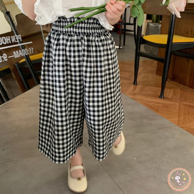 Quần ống rộng Lưng Thun Họa Tiết Caro Cho Bé Gái