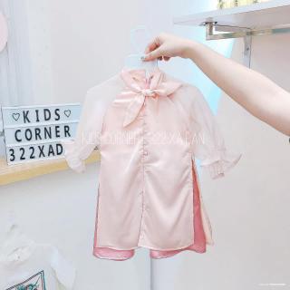 Áo Dài Tay Bồng Cổ Nơ Hồng