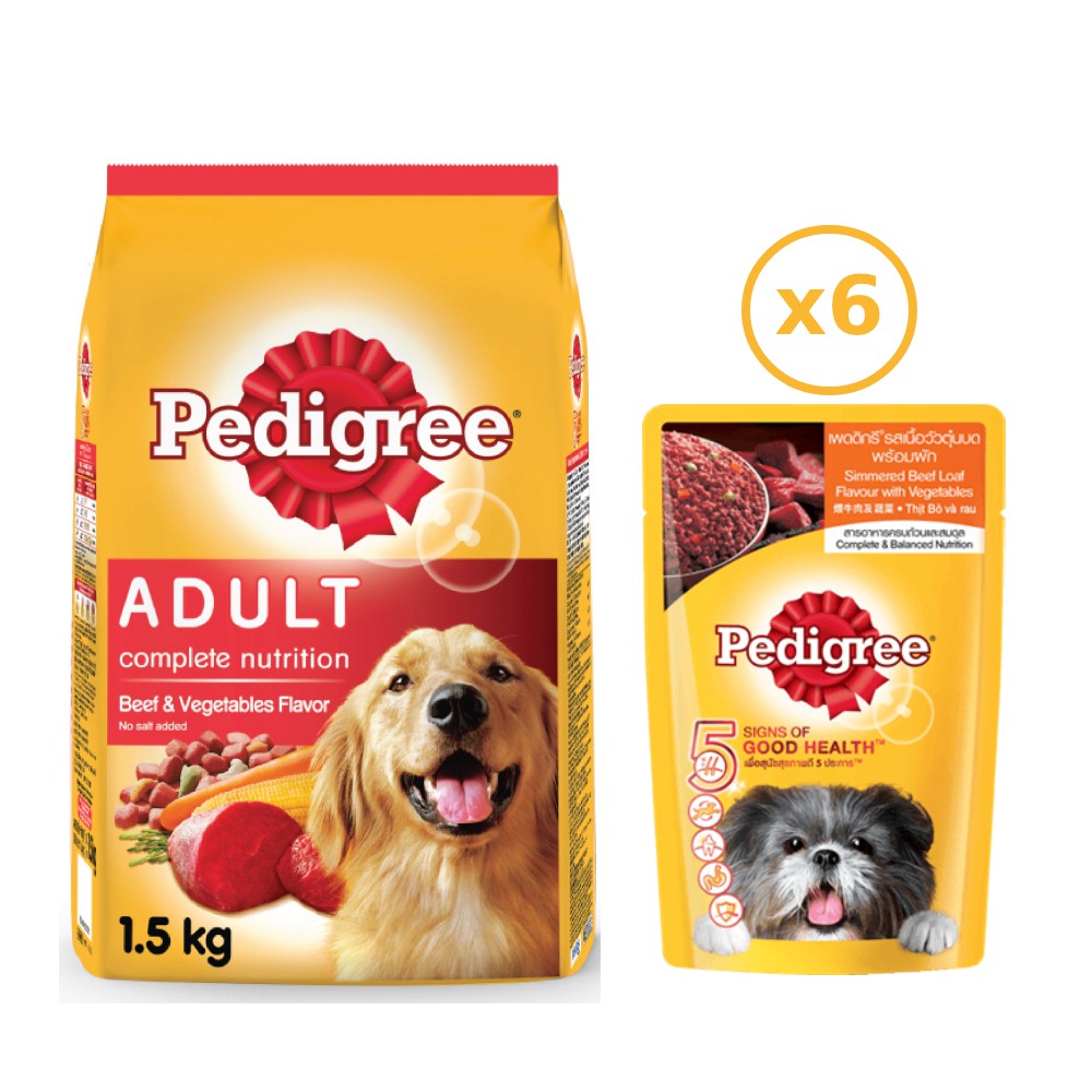 PEDIGREE® Bộ thức ăn cho chó lớn dạng hạt vị bò và rau củ 1.5kg + dạng sốt vị bò hầm và rau củ 130g (6 gói)